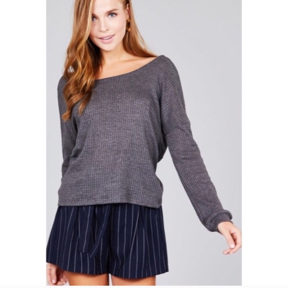 LAST ONE / Gray Twist Back Waffle Knit Top - Picture 3 of 4